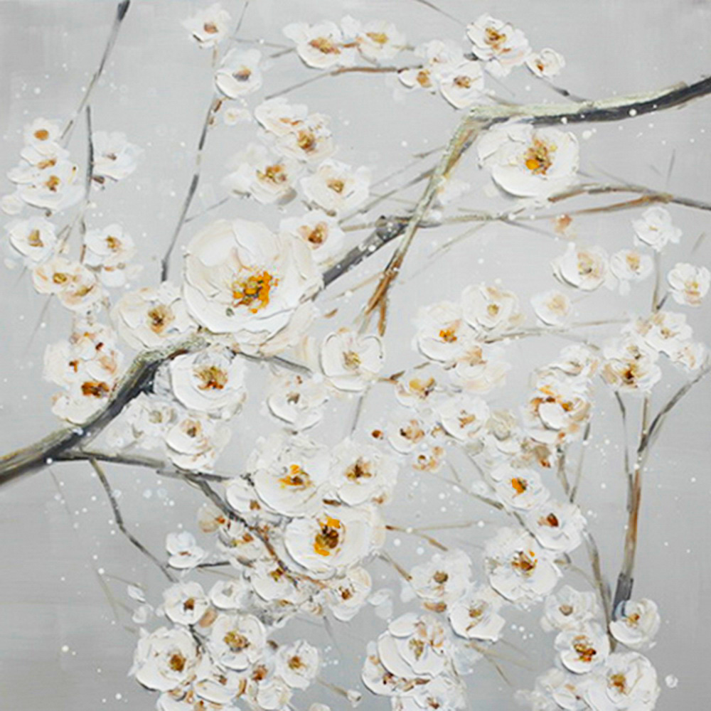 HA118 Wall décor art oil on canvas botanical cherry blossoms white grey tones